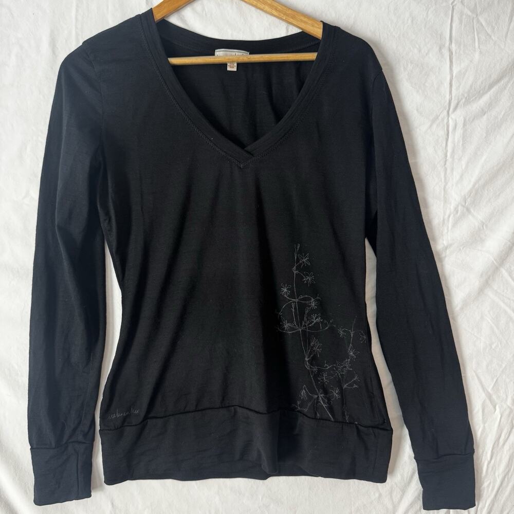Icebreaker Merino Wool V Neck Black Base Layer Long Sleeve Womens Size L